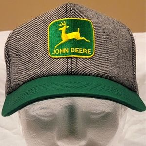 Vintage Adjustable snapback green and gray John Deere hat featuring a combine